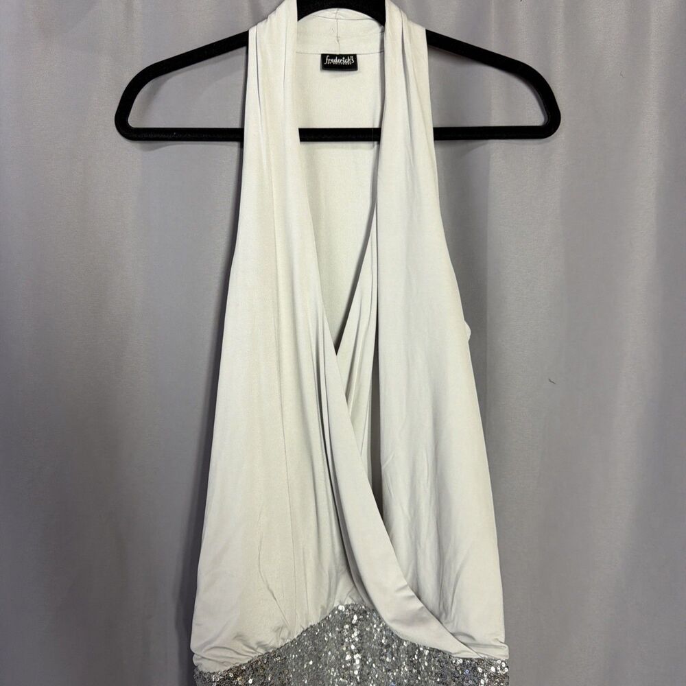 Frederick's Halter Deep V-Neck Silver Sequin Hem Mini Dress Women's Size XL Vtg - Picture 2 of 7